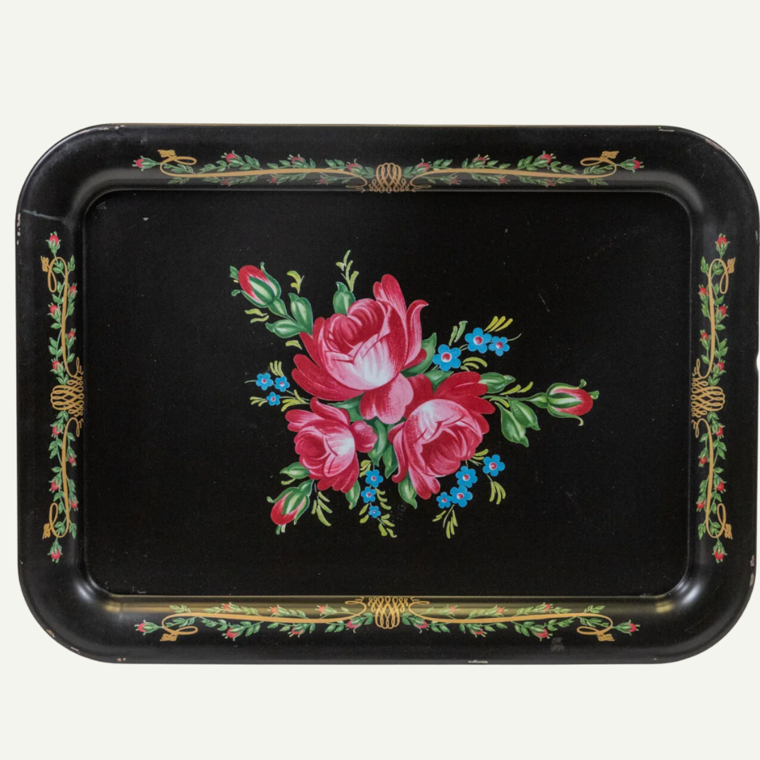 Vintage Small Rectangular Tin Trays Black With Floral Design Lot